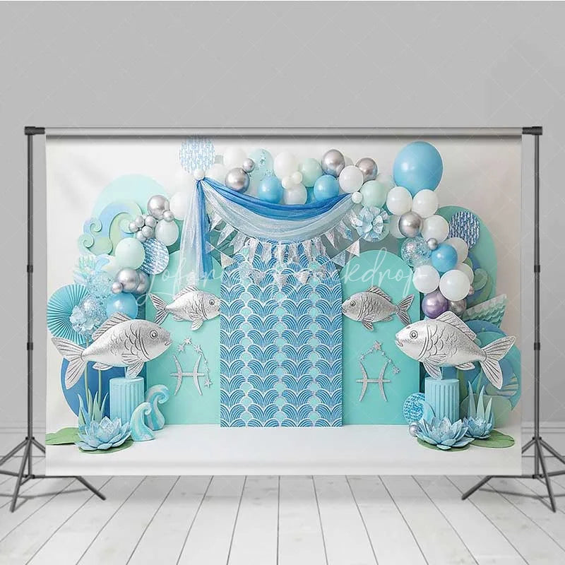 Lofaris Pisces Zodiac Photography Backdrop Silver Fish and Teal Wave Birthday Party Background