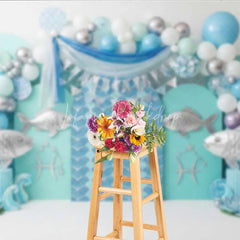 Lofaris Pisces Zodiac Photography Backdrop Silver Fish and Teal Wave Birthday Party Background