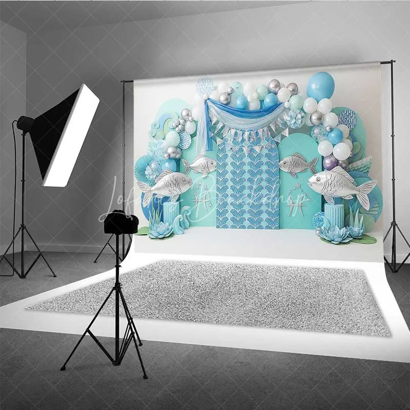 Lofaris Pisces Zodiac Photography Backdrop Silver Fish and Teal Wave Birthday Party Background