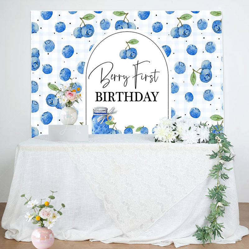 Lofaris Plaid Fresh Blueberry First Happy Birthday Backdrop