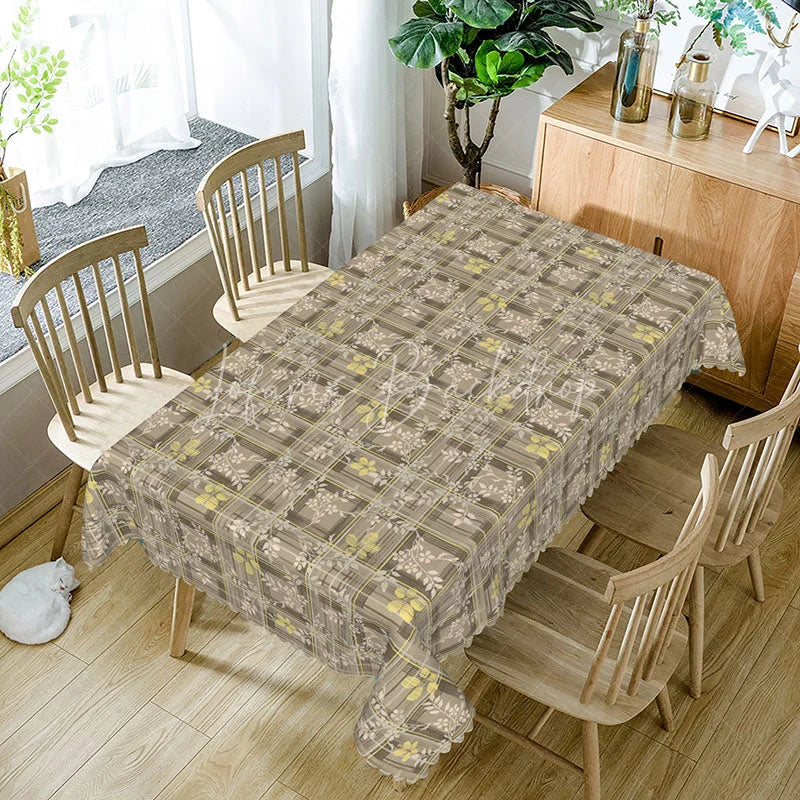 Lofaris Plaid Yellow Floral Rectangle Tablecloth Rustic Brown Checkered Pattern Farmhouse Country Dining Table Cover Kitchen Decor