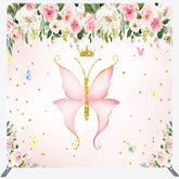 Lofaris Plant Pink Butterfly Birthday Pillow Case Backdrop