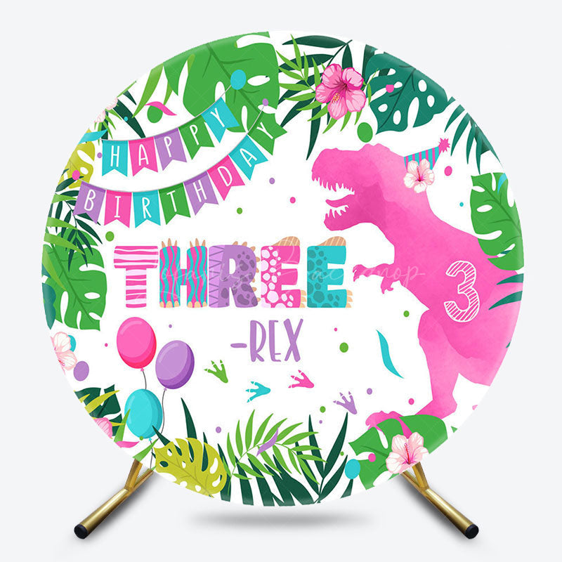 Lofaris Plant Pink Dinosaur Three Rex Round Birthday Backdrop