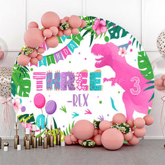 Lofaris Plant Pink Dinosaur Three Rex Round Birthday Backdrop