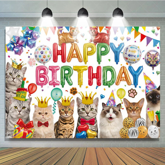 Lofaris Playful Cats Happy Birthday Backdrop with Colorful Balloons Crowns and Festive Party Decor for Kids