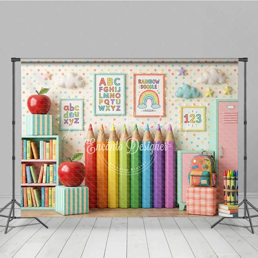 Lofaris Playful Classroom Photography Backdrop with Rainbow Pencils Books and Alphabet for Back to School