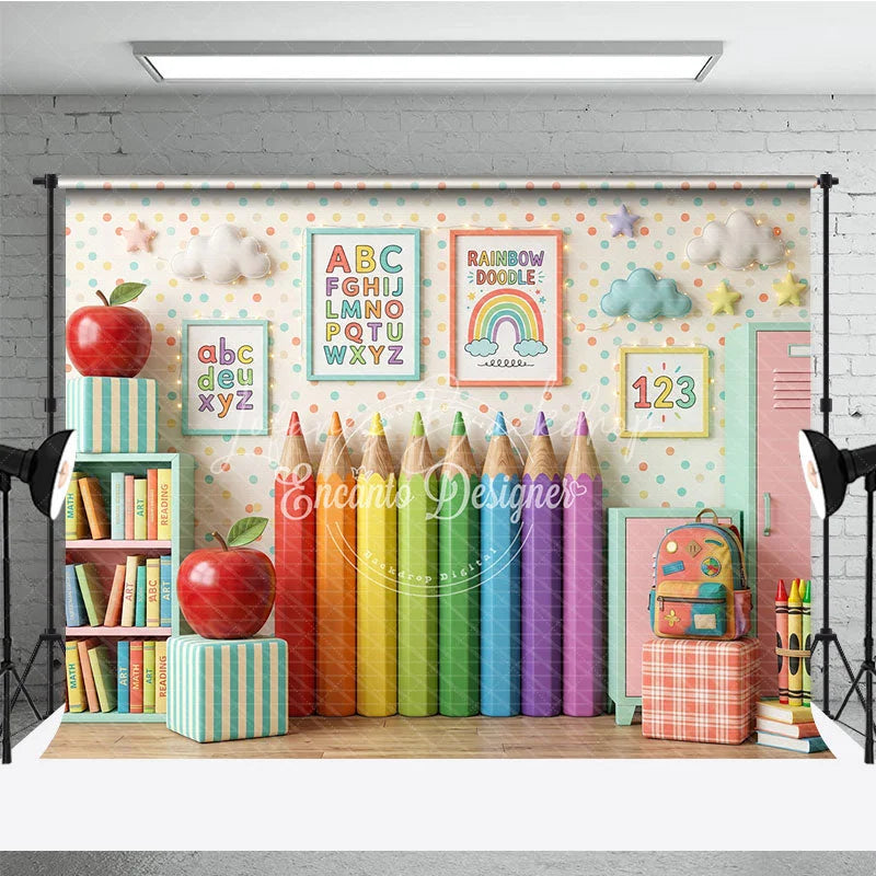 Lofaris Playful Classroom Photography Backdrop with Rainbow Pencils Books and Alphabet for Back to School