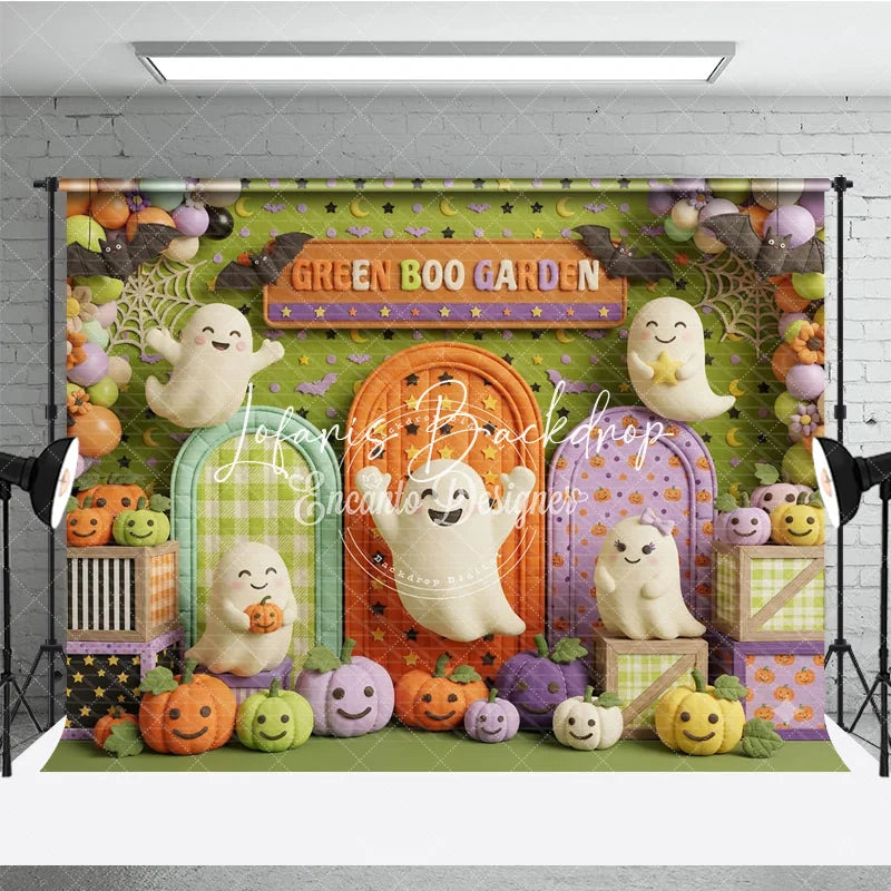 Lofaris Playful Green Boo Garden Cute Ghosts and Colorful Pumpkins Photography Backdrop Archways Bats for Halloween Party
