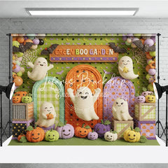 Lofaris Playful Green Boo Garden Cute Ghosts and Colorful Pumpkins Photography Backdrop Archways Bats for Halloween Party