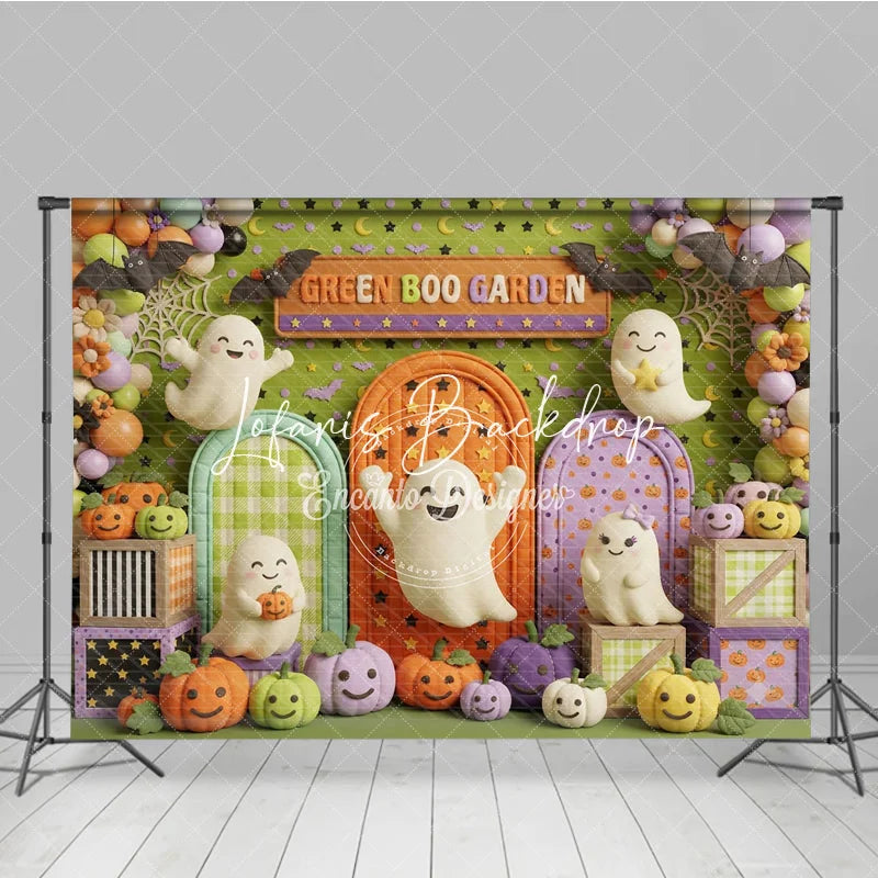 Lofaris Playful Green Boo Garden Cute Ghosts and Colorful Pumpkins Photography Backdrop Archways Bats for Halloween Party