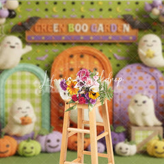 Lofaris Playful Green Boo Garden Cute Ghosts and Colorful Pumpkins Photography Backdrop Archways Bats for Halloween Party