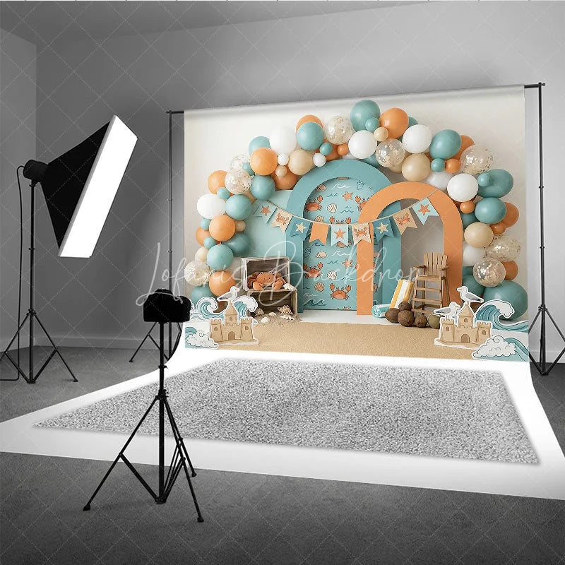 Lofaris Playful Teal Orange Beach Ocean Crab Photography Backdrop Summer Sandcastle Waves Birthday Party Decor