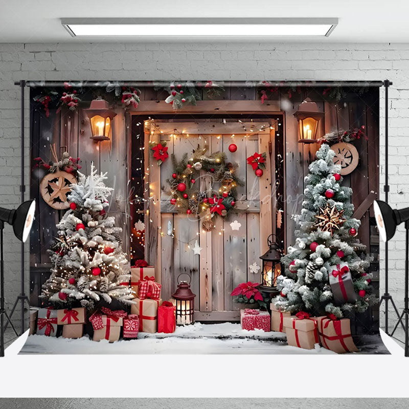 Lofaris Poinsettia Wreath Barn Door Christmas Photo Backdrop