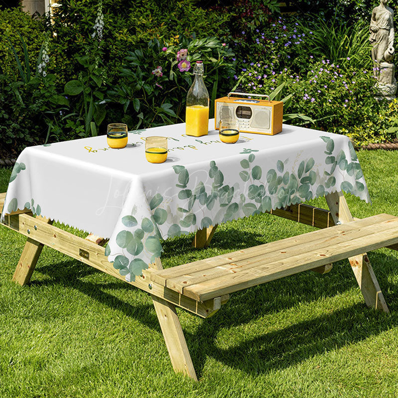 Lofaris Positive Green Leaves White Rectangle Tablecloth