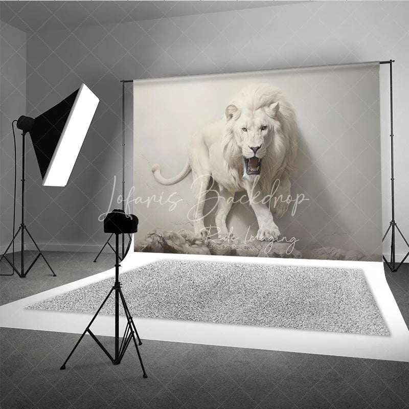 Lofaris Powerful White Lion Roaring Photography Backdrop Majestic Wildlife Animal Portrait Background with Rocky Ground