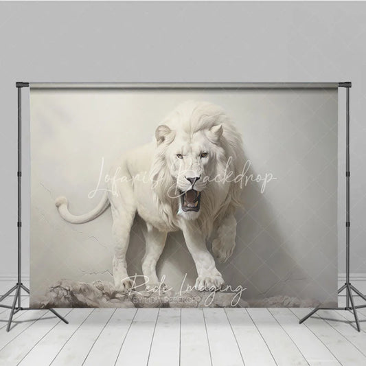 Lofaris Powerful White Lion Roaring Photography Backdrop Majestic Wildlife Animal Portrait Background with Rocky Ground