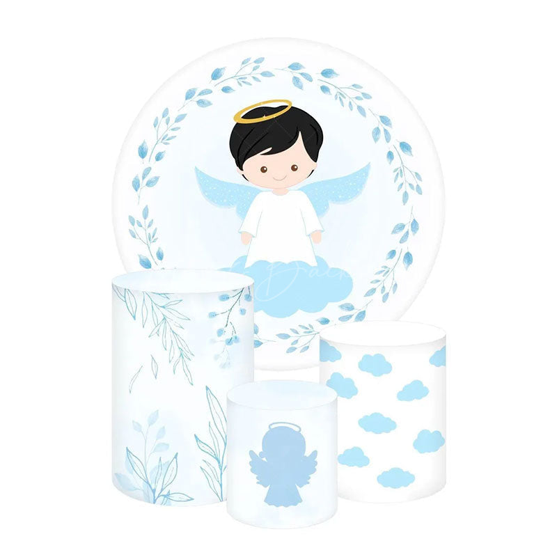 Lofaris Praying Angel Baptism Round Backdrop Kit Blue and White with Clouds Greenery Boys Christening Photo Prop