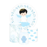 Lofaris Praying Angel Baptism Round Backdrop Kit Blue and White with Clouds Greenery Boys Christening Photo Prop