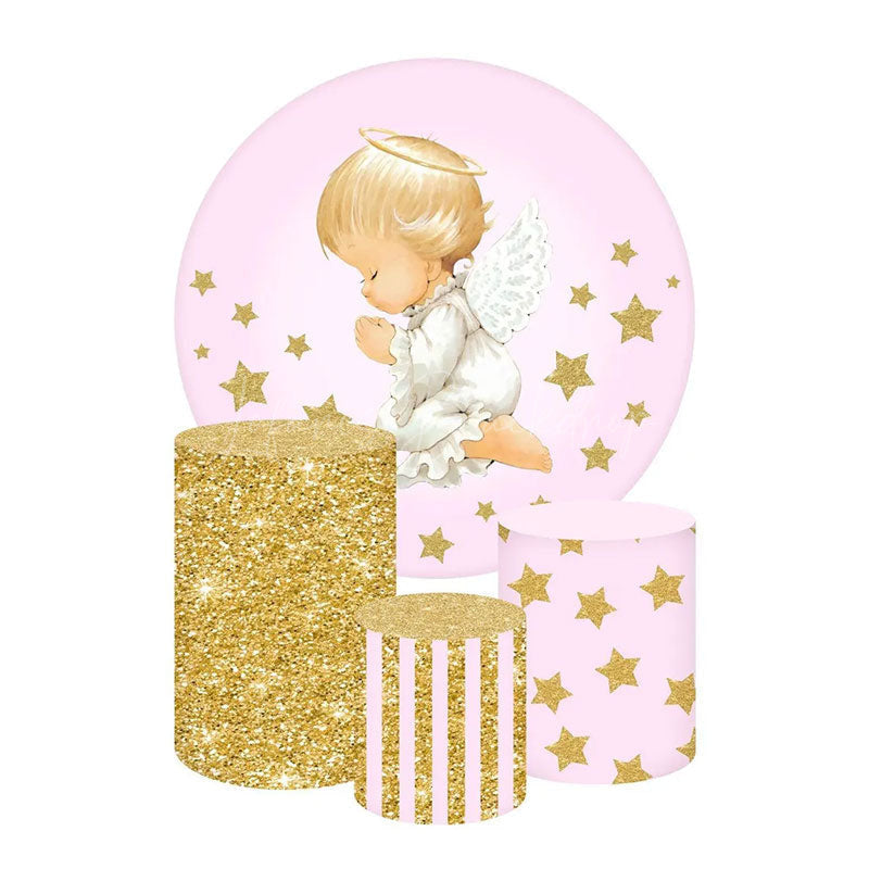 Lofaris Praying Angel Baptism Round Backdrop Kit Pink and Gold Glitter with Stars Girls Christening or First Communion