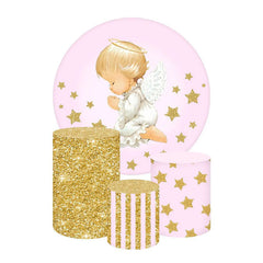 Lofaris Praying Angel Baptism Round Backdrop Kit Pink and Gold Glitter with Stars Girls Christening or First Communion