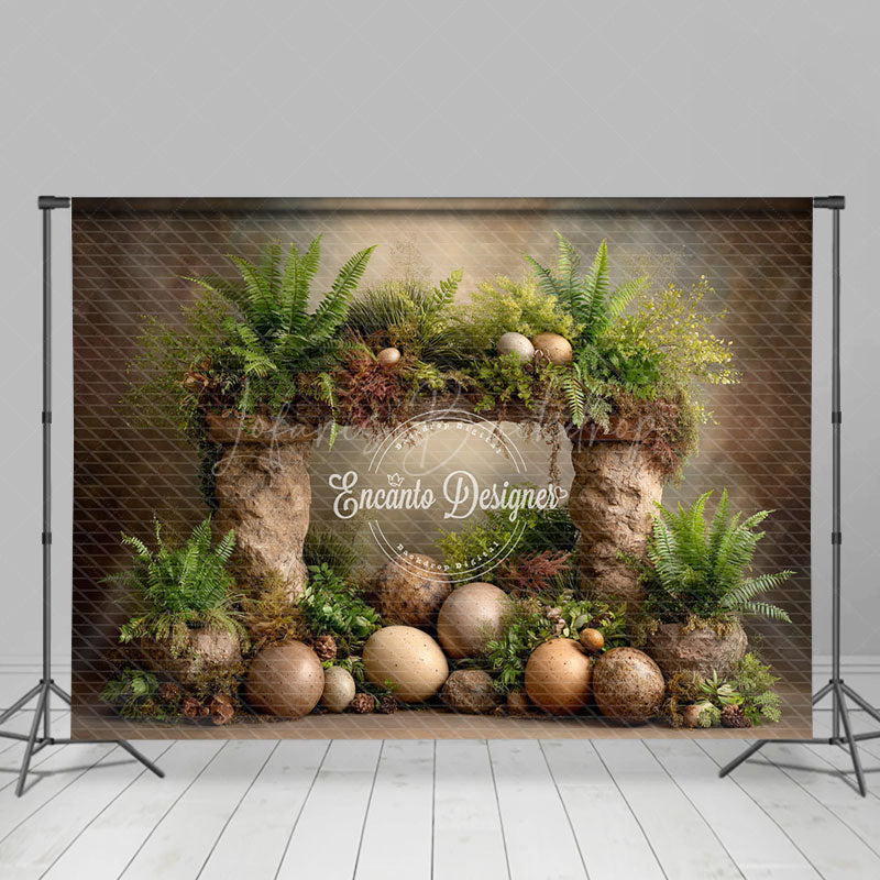 Lofaris Prehistoric Dinosaur Egg Photography Backdrop Stone Arch and Ferns for Birthday Jurassic Cake Smash Background