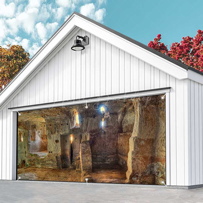Lofaris Primitive Stone House Architecture Garage Door Banner