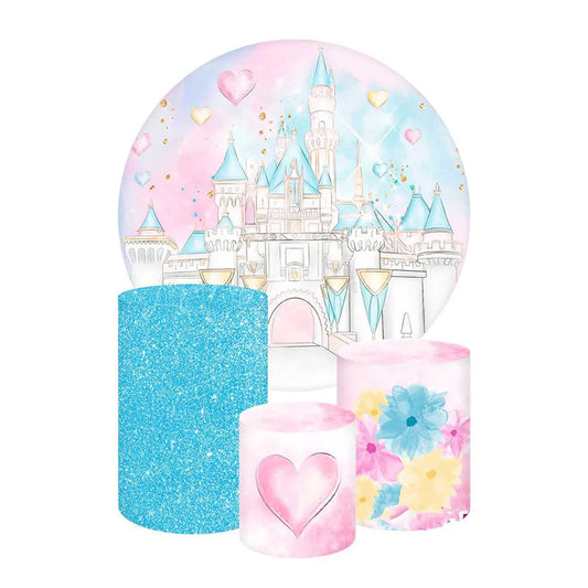 Lofaris Princess Castle Birthday Round Backdrop Kit Pink and Blue Watercolor Fairytale Girls Party Photo Prop Decor
