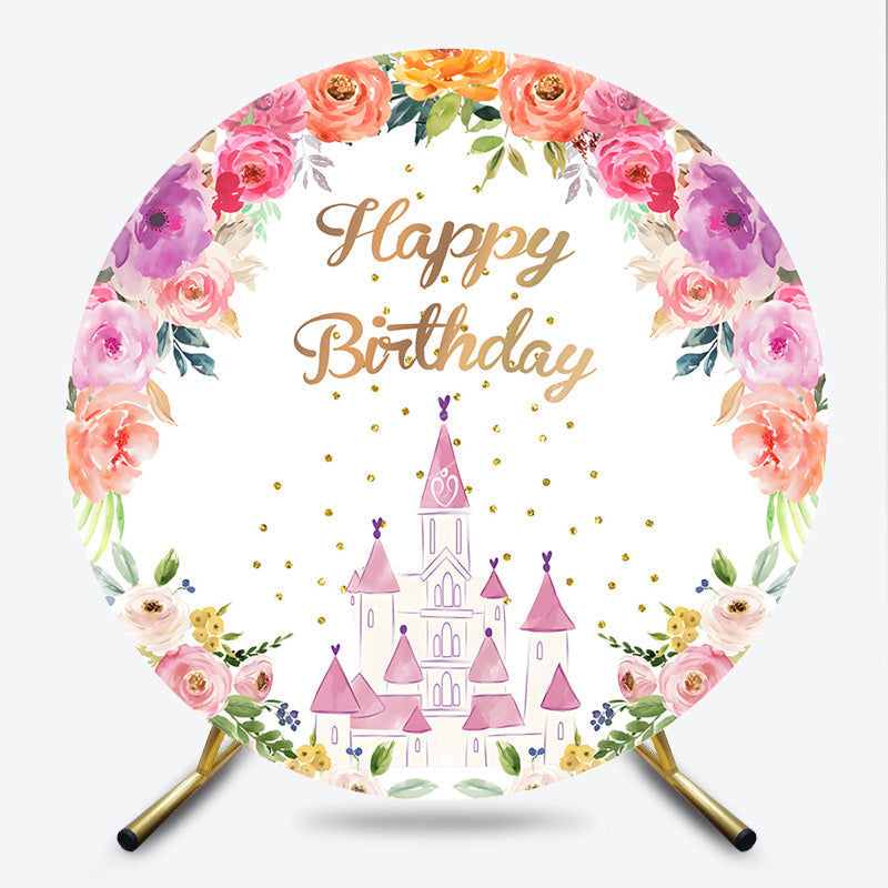 Lofaris Princess Castle Birthday Round Backdrop Pink and Gold Floral Wreath Banner Fairytale Themed Party Photo Prop