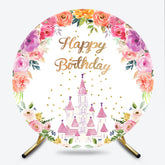 Lofaris Princess Castle Birthday Round Backdrop Pink and Gold Floral Wreath Banner Fairytale Themed Party Photo Prop