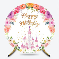 Lofaris Princess Castle Birthday Round Backdrop Pink and Gold Floral Wreath Banner Fairytale Themed Party Photo Prop