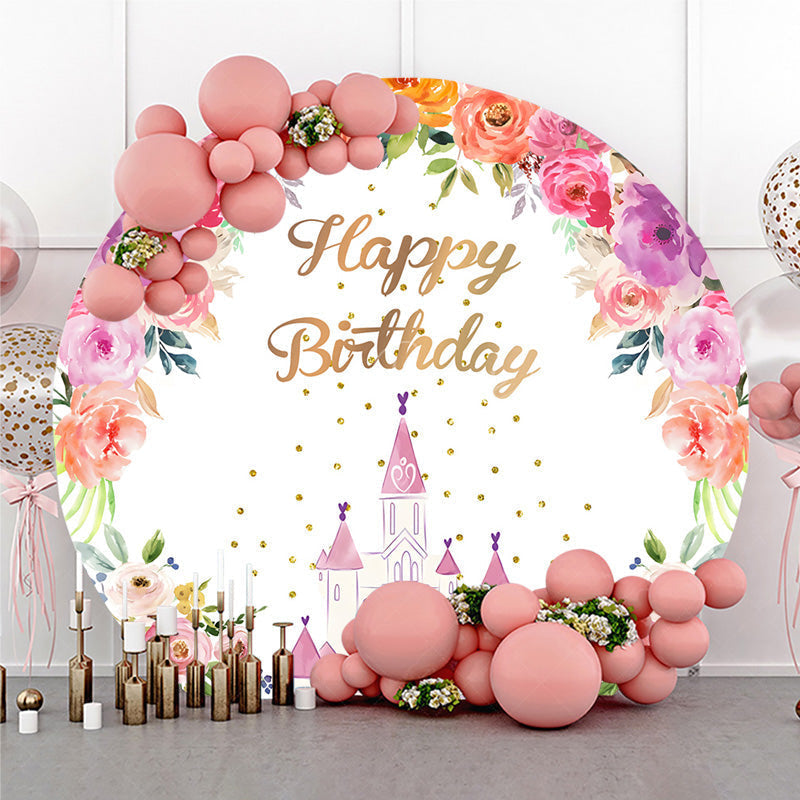 Lofaris Princess Castle Birthday Round Backdrop Pink and Gold Floral Wreath Banner Fairytale Themed Party Photo Prop