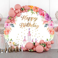 Lofaris Princess Castle Birthday Round Backdrop Pink and Gold Floral Wreath Banner Fairytale Themed Party Photo Prop