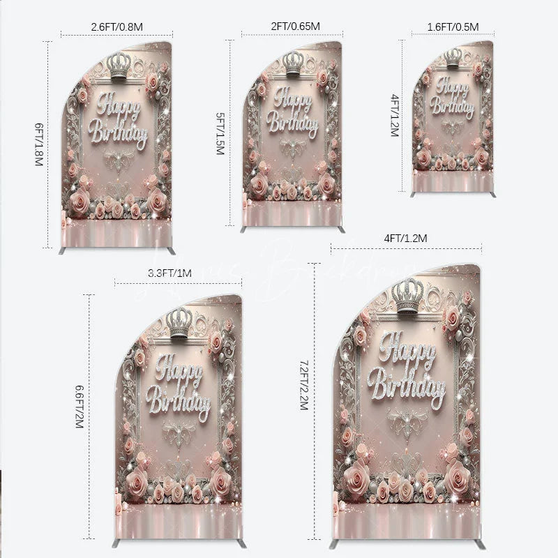 Lofaris Princess Happy Birthday Half Moon Arch Backdrop Royal Pink and Silver with Crown Elegant Queen Themed Party Decor