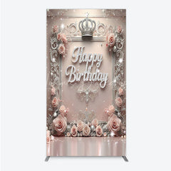 Lofaris Princess Happy Birthday Rectangle Backdrop Royal Pink and Silver with Crown Elegant Queen Themed Party Decor