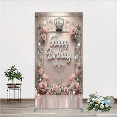 Lofaris Princess Happy Birthday Rectangle Backdrop Royal Pink and Silver with Crown Elegant Queen Themed Party Decor