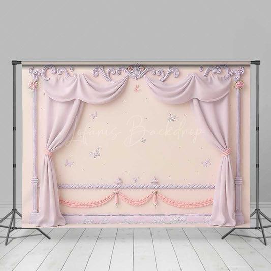 Lofaris Princess Room Wall Photography Backdrop Pink Curtains and Butterflies Decor Fairytale Bedroom Photo Prop
