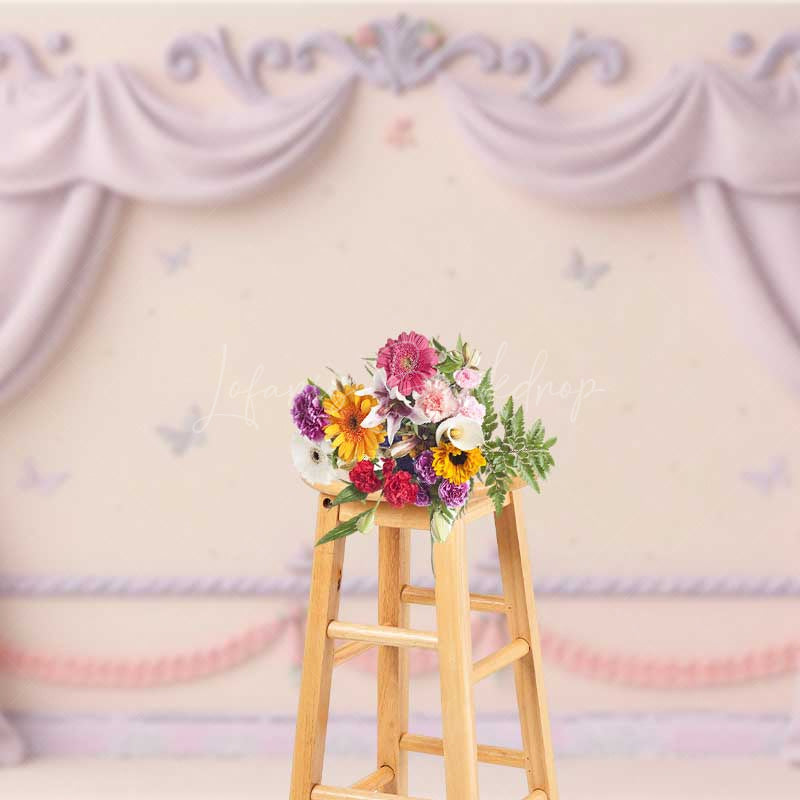 Lofaris Princess Room Wall Photography Backdrop Pink Curtains and Butterflies Decor Fairytale Bedroom Photo Prop