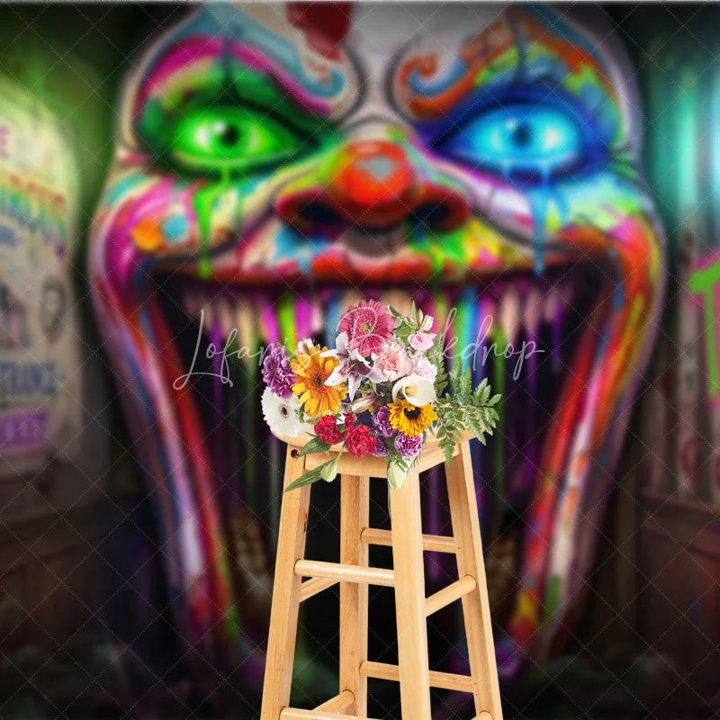 Lofaris Psychedelic Neon Dripping Clown Face Holiday Backdrop Grim Circus Horror Theme Party Decor with Toxic Graffiti