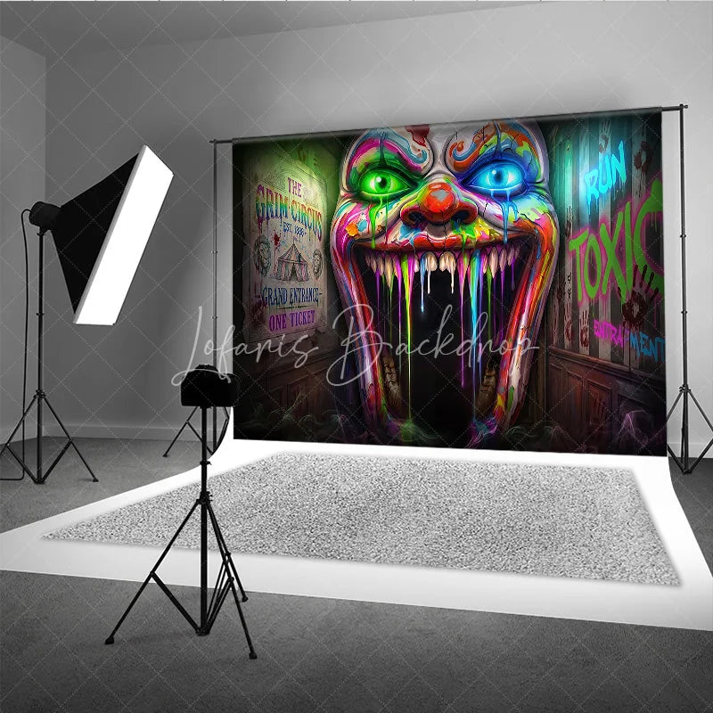 Lofaris Psychedelic Neon Dripping Clown Face Holiday Backdrop Grim Circus Horror Theme Party Decor with Toxic Graffiti