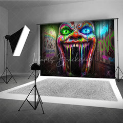 Lofaris Psychedelic Neon Dripping Clown Face Holiday Backdrop Grim Circus Horror Theme Party Decor with Toxic Graffiti