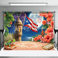 Lofaris Puerto Rican Flag Tropical Holiday Backdrop with Full Moon Fortress and Festive Pyrotechnic Display