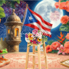 Lofaris Puerto Rican Flag Tropical Holiday Backdrop with Full Moon Fortress and Festive Pyrotechnic Display