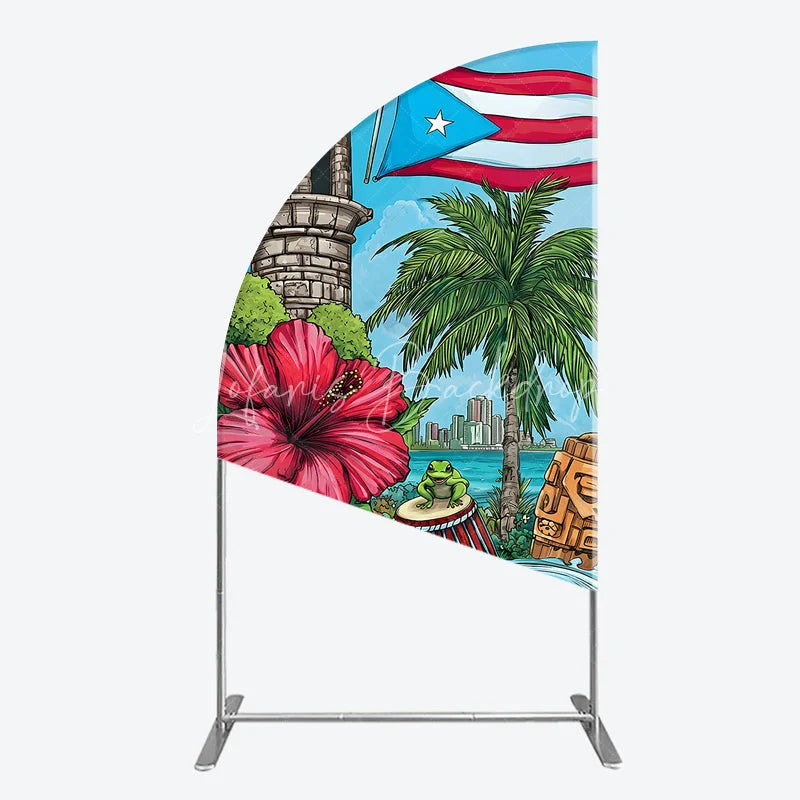 Lofaris Puerto Rico Flag and Tropical Flowers Half Moon Arch Backdrop Vibrant Caribbean Island Party Decor