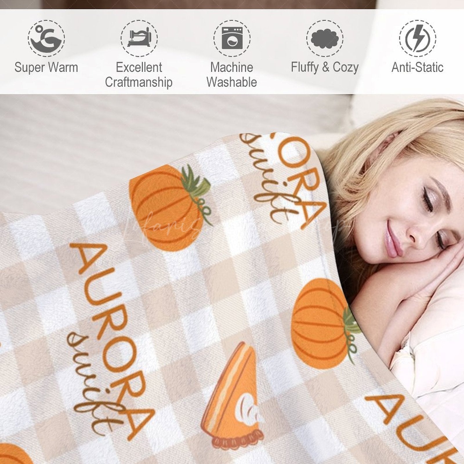 Lofaris Pumpkins Pie Light Brown Plaid Custom Name Blanket