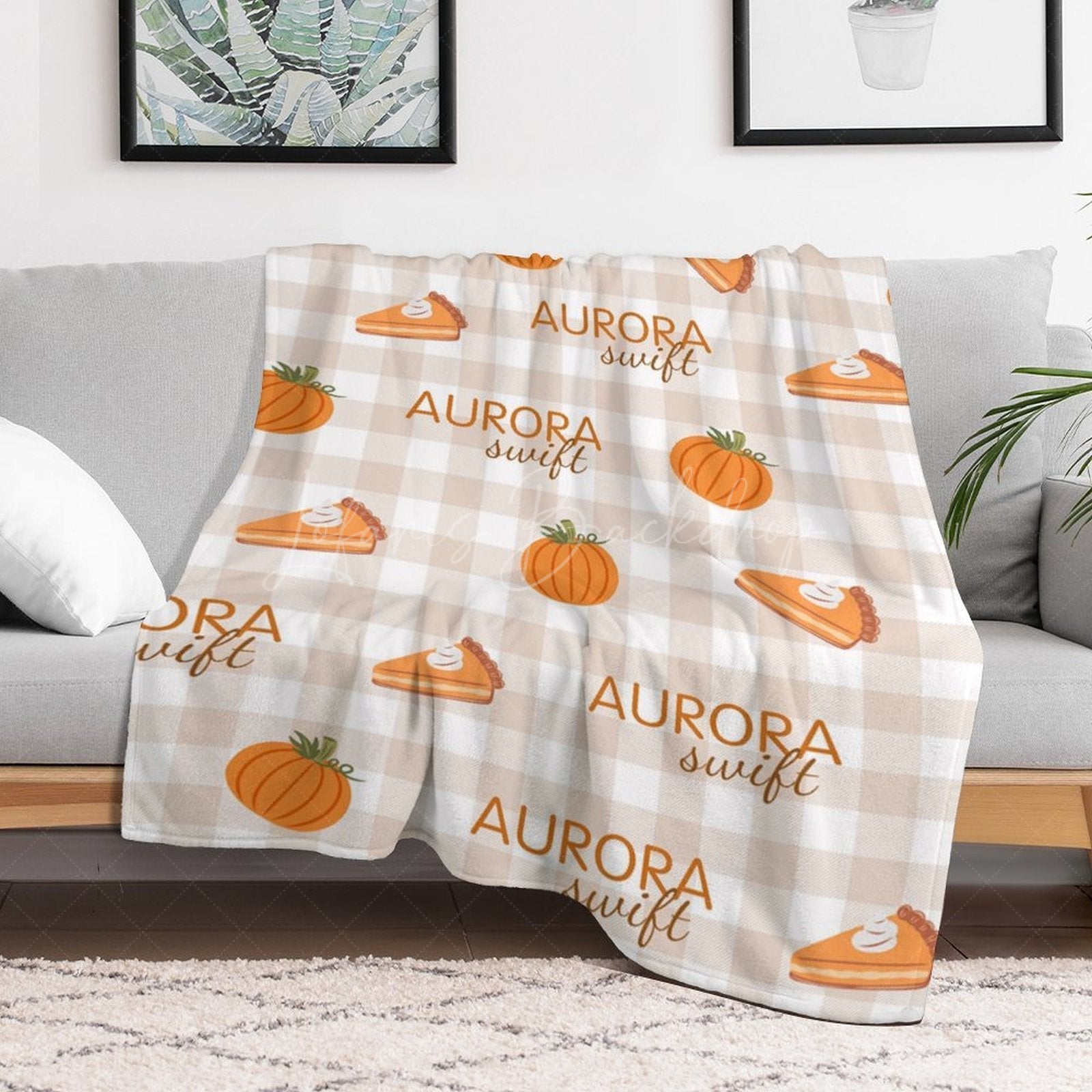 Lofaris Pumpkins Pie Light Brown Plaid Custom Name Blanket