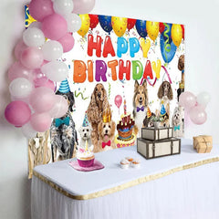 Lofaris Puppy Dog Birthday Backdrop Happy with Balloons Cake and Pets Party Photo Booth Props