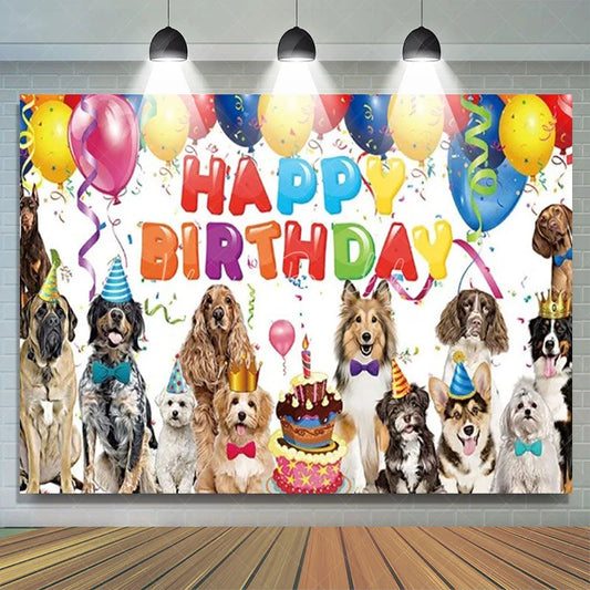 Lofaris Puppy Dog Birthday Backdrop Happy with Balloons Cake and Pets Party Photo Booth Props