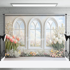 Lofaris Pure Whtie Arch Window Tulip Spring Photo Backdrop