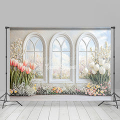 Lofaris Pure Whtie Arch Window Tulip Spring Photo Backdrop