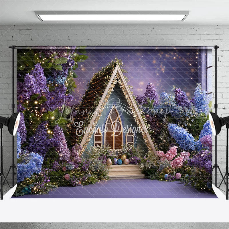 Lofaris Purple and Blue Floral A-Frame House Photography Backdrop Twinkling Lights Easter Eggs Decor for Studio
